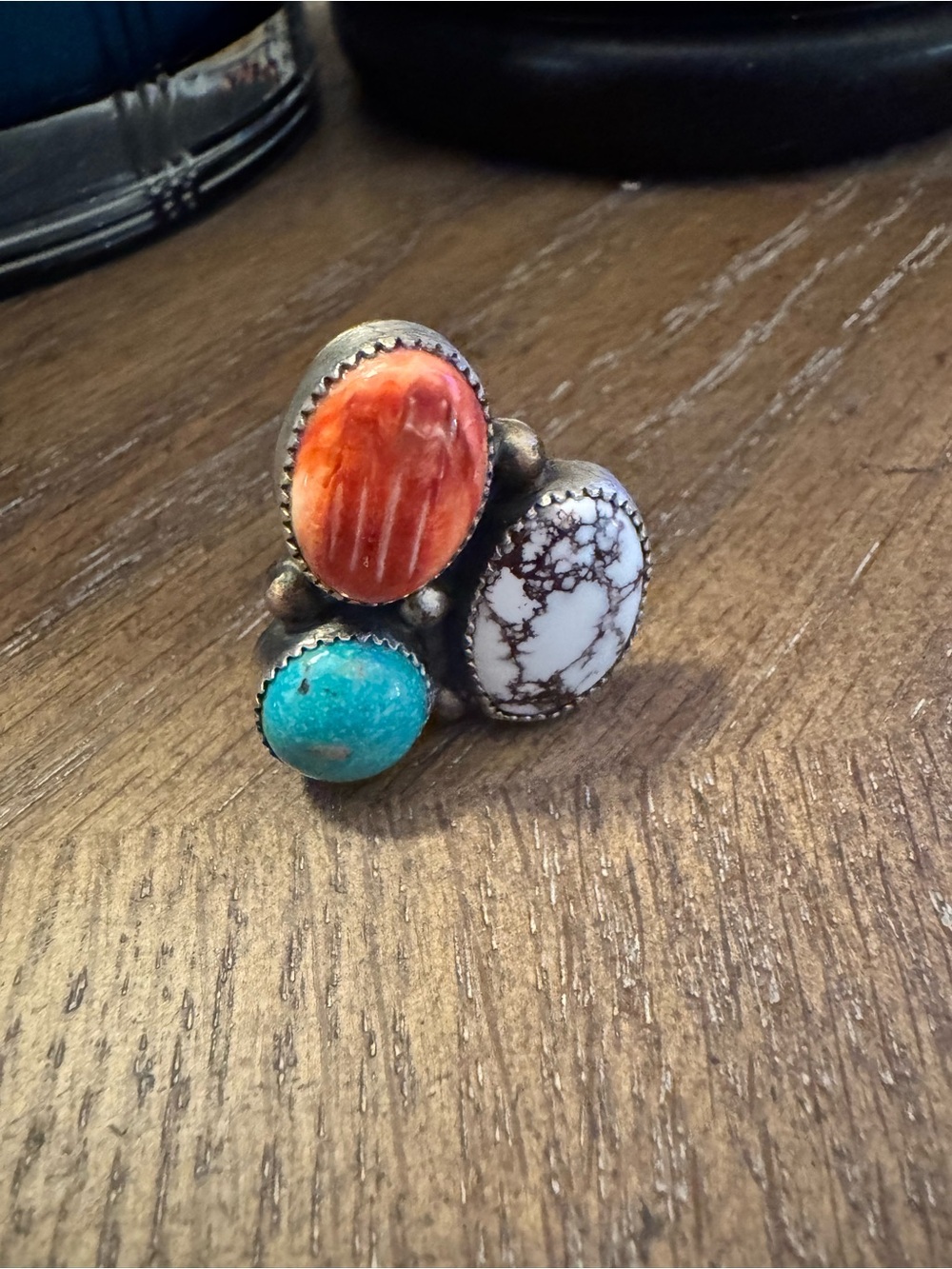Native Multi-Stone Statement Ring with Coral, Turquoise & White Horse